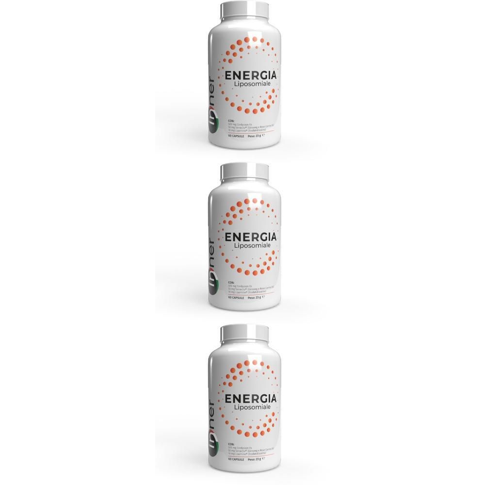 Tre contenitori bianchi con etichetta 'ENERGIA Liposomiale'.