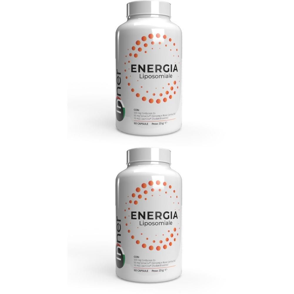 Due flaconi bianchi con etichetta 'ENERGIA Liposomiale' e cerchio di punti arancioni.