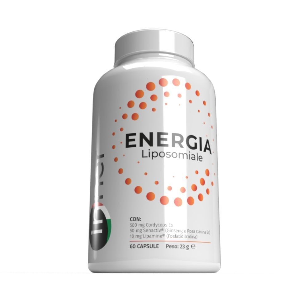 Un flacone bianco con etichetta 'ENERGIA Liposomiale', cerchio di punti arancioni e dettagli nutrizionali.