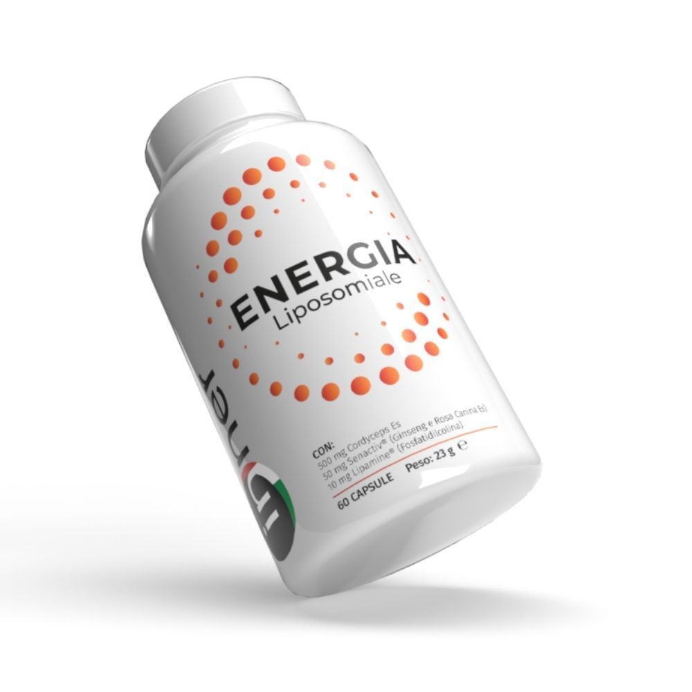 Un flacone bianco inclinato con etichetta 'ENERGIA Liposomiale' e cerchio di punti arancioni.