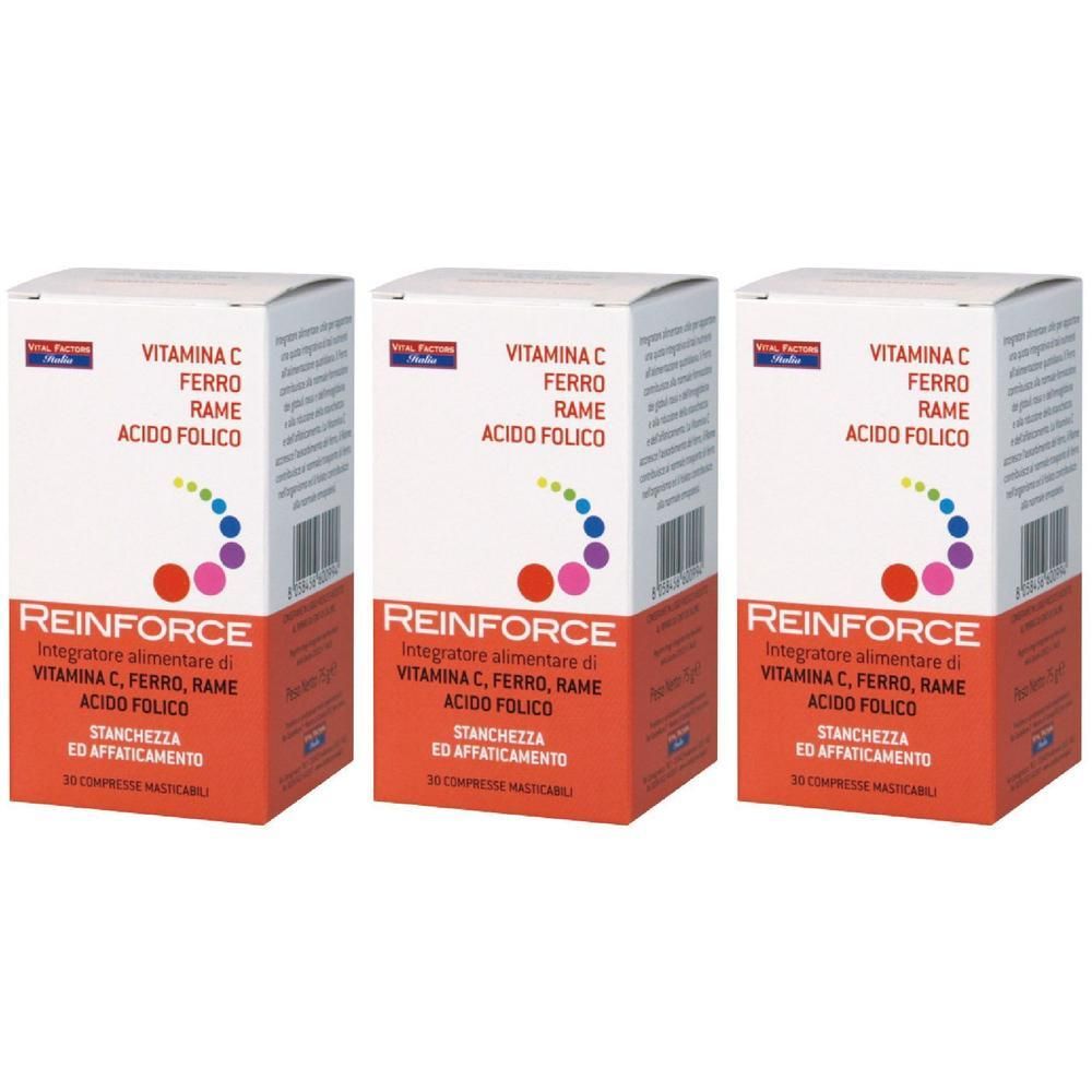 Tre confezioni Reinforce con Vitamina C, Ferro, Rame e Acido Folico. Per stanchezza ed affaticamento.