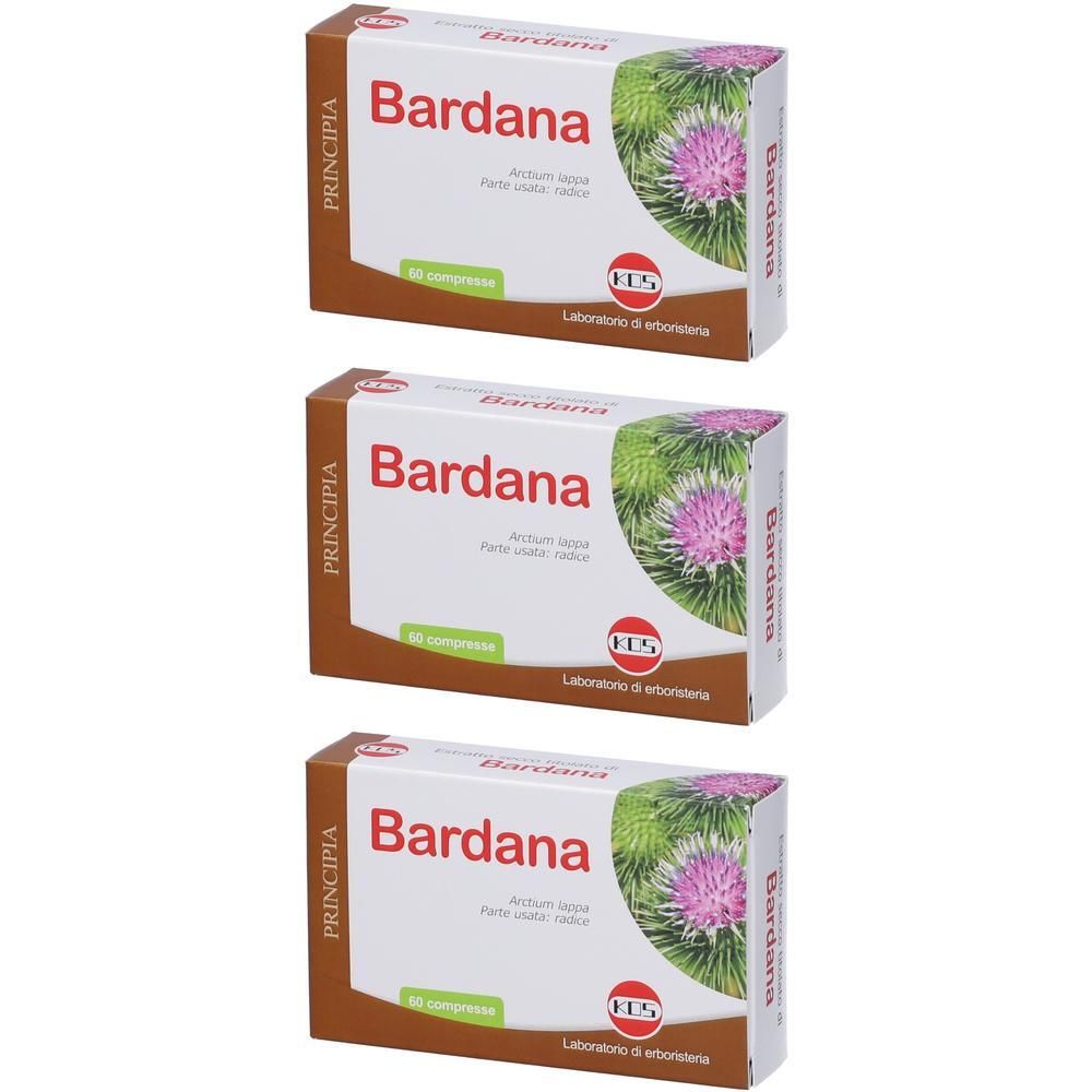 Tre confezioni di Bardana Compresse con immagine di cardo e dettagli del produttore.