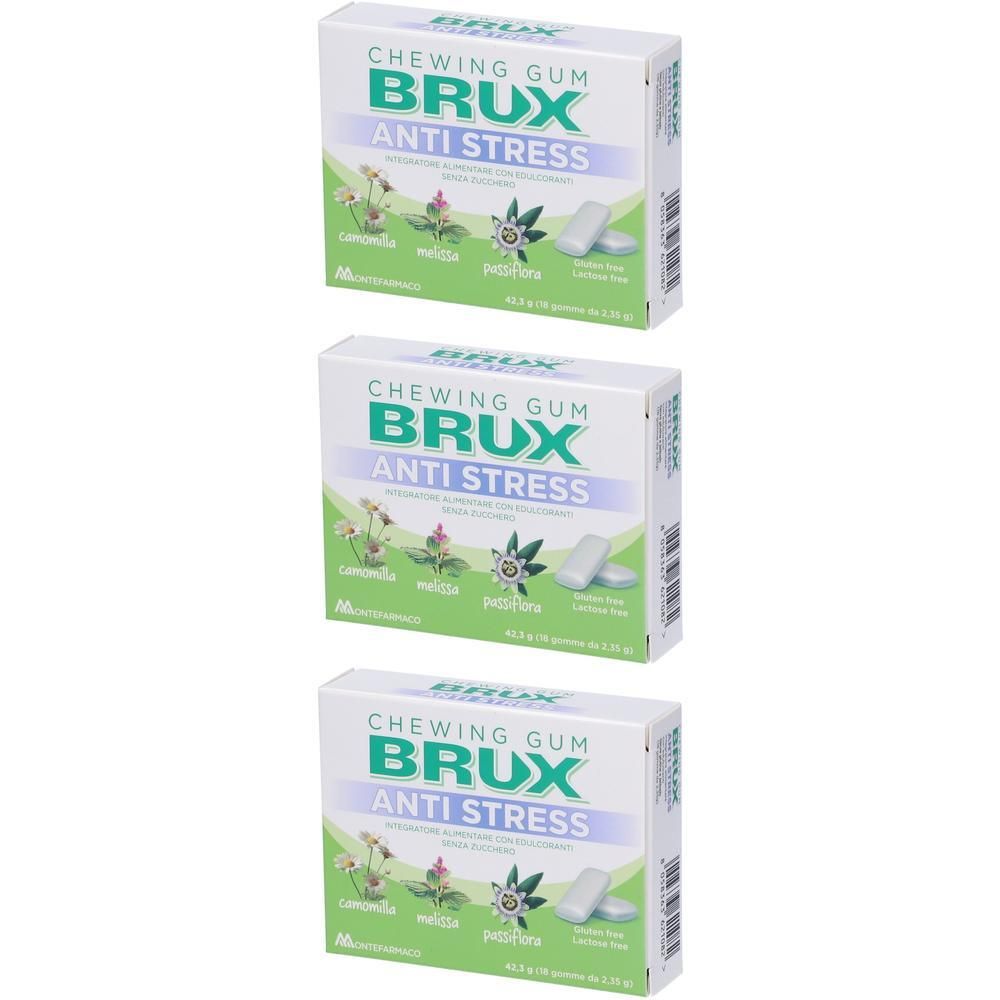 Tre confezioni di gomme da masticare Brux Antistress. Ogni pacchetto contiene 10 gomme.