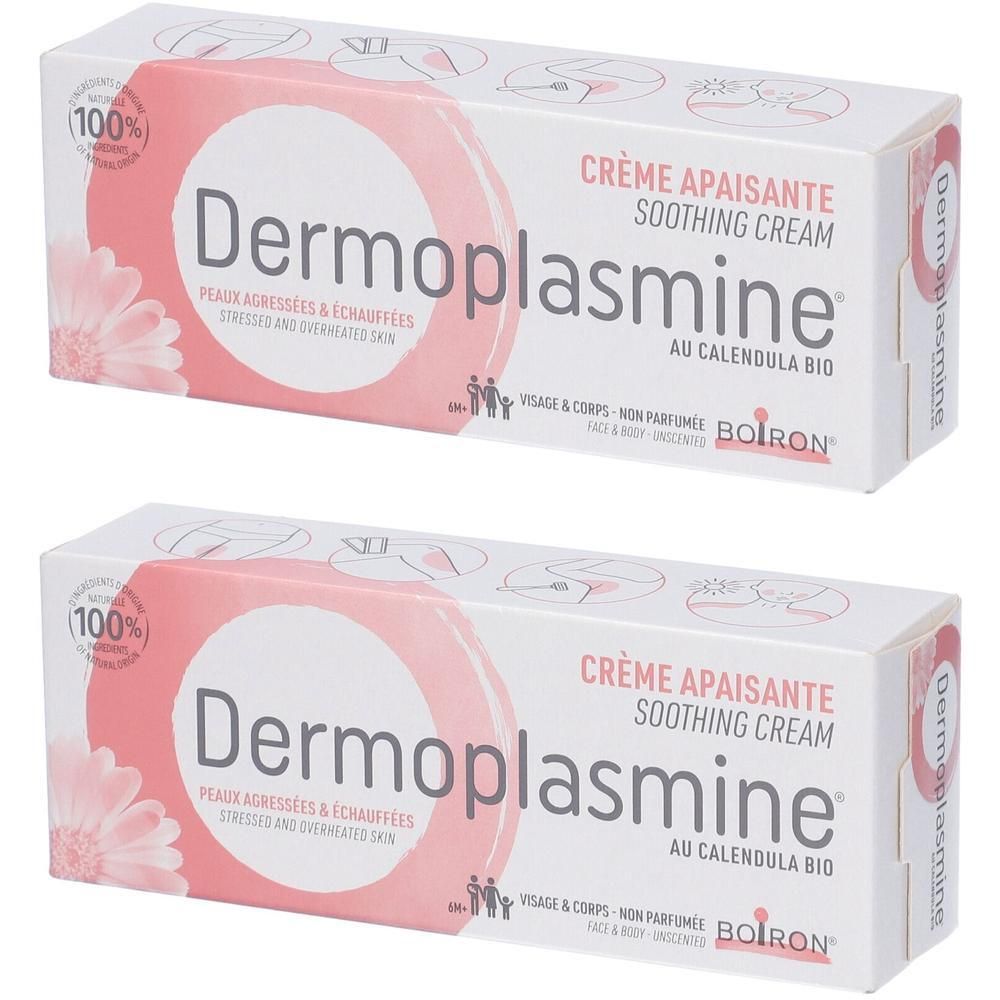 Due scatole di crema lenitiva Dermoplasmine al Calendula Bio. Per pelli stressate e surriscaldate.