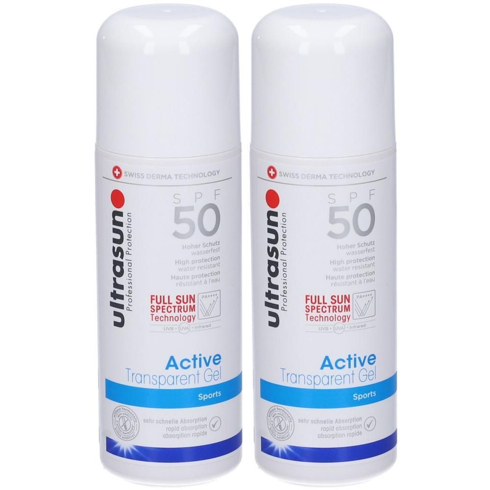 Due flaconi Ultrasun Active Transparent Gel SPF 50 Sports con scritta bianca e banda blu.