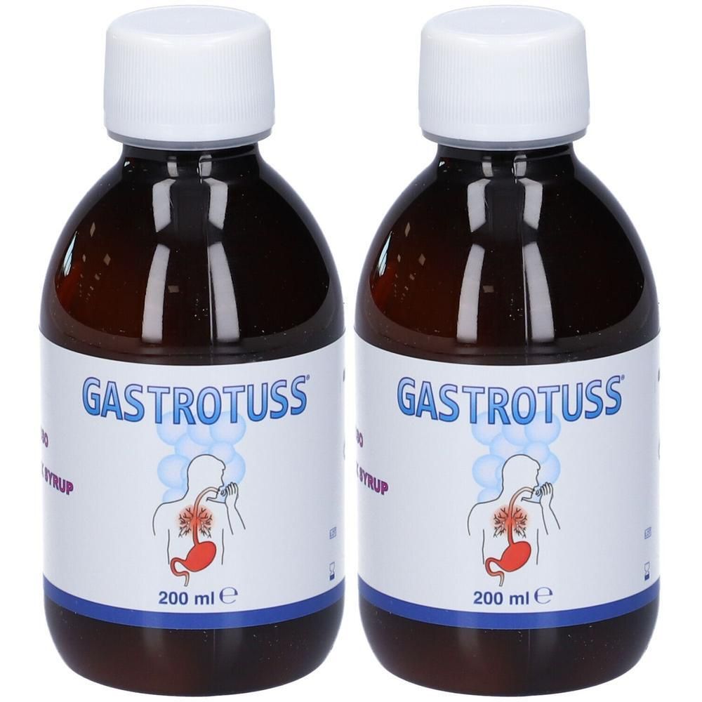 Due flaconi di Sciroppo Antireflusso Gastrotuss, ciascuno da 200 ml.