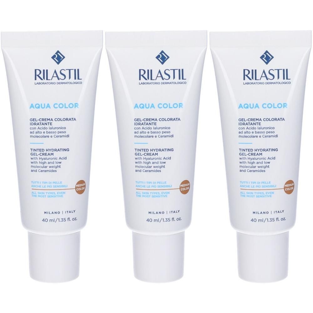 Tre tubi di Rilastil Aqua Color Gel-Cream, 40 ml.
