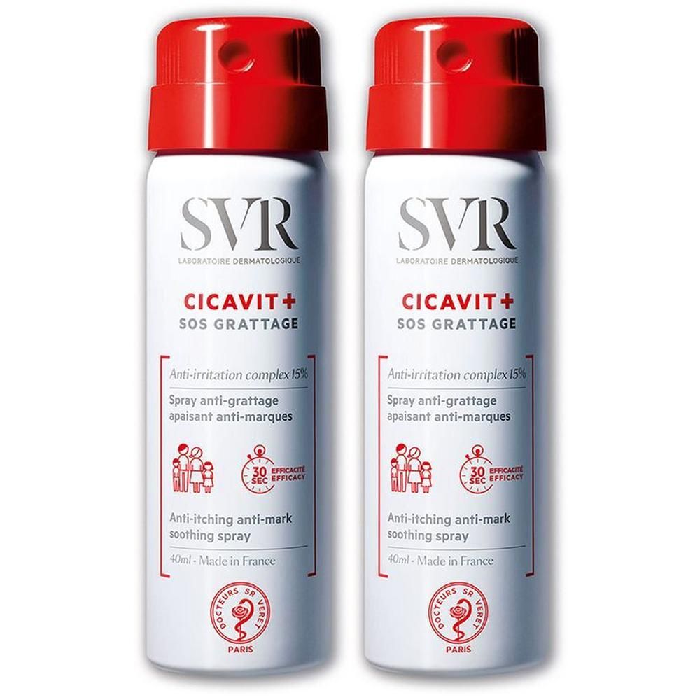 Due spray bianchi con tappo rosso, SVR CICAVIT+ SOS Grattage, 40ml.