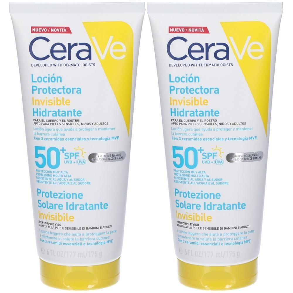 Due tubi di crema solare CeraVe SPF 50+ invisibile e idratante.