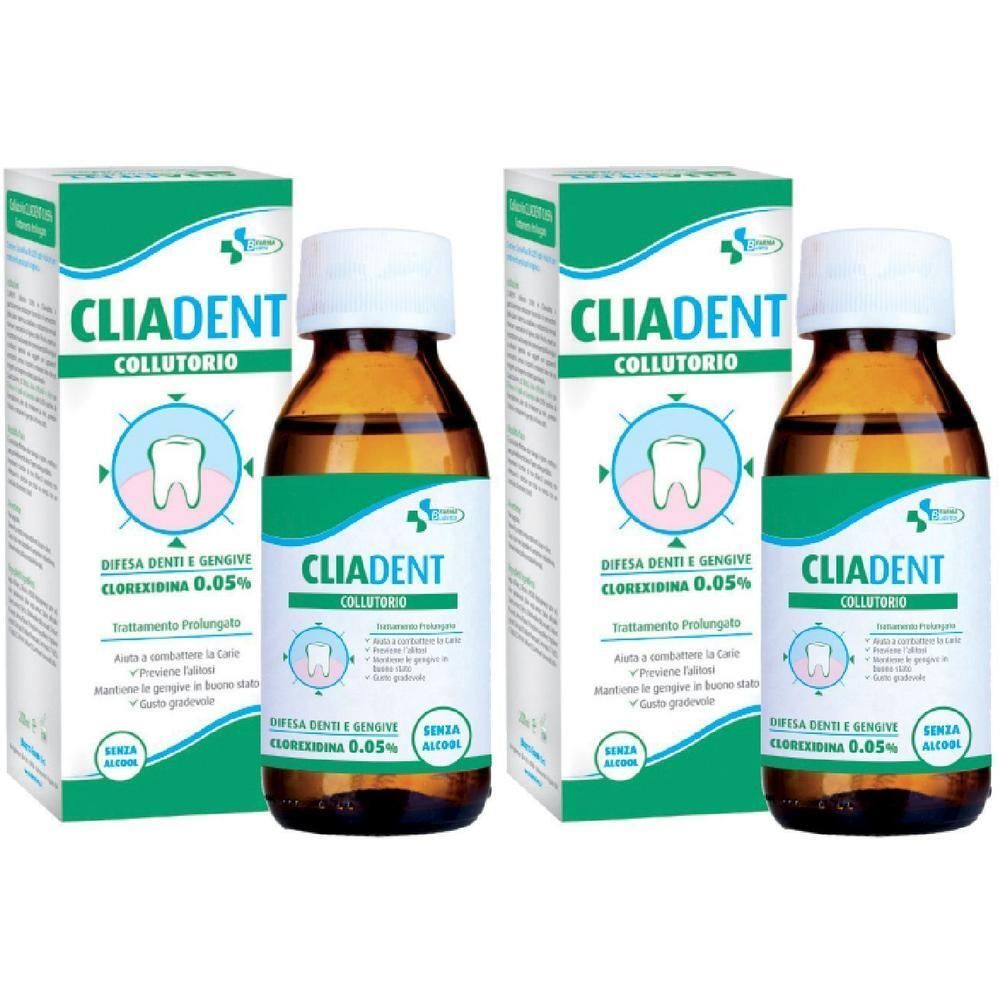 Due flaconi di collutorio CLIADENT con confezione. Contiene 0,05% di clorexidina.