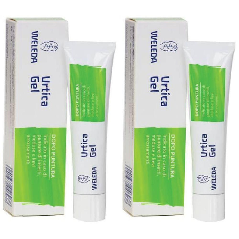 Due tubi e scatole di WELEDA Urtica Gel con accenti verdi.