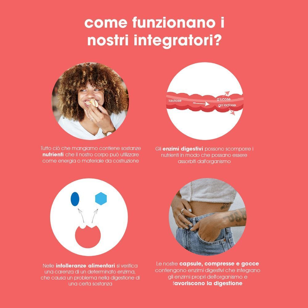Grafiche spiegano la funzione degli enzimi digestivi e l'azione di Intoleran Lattasi.
