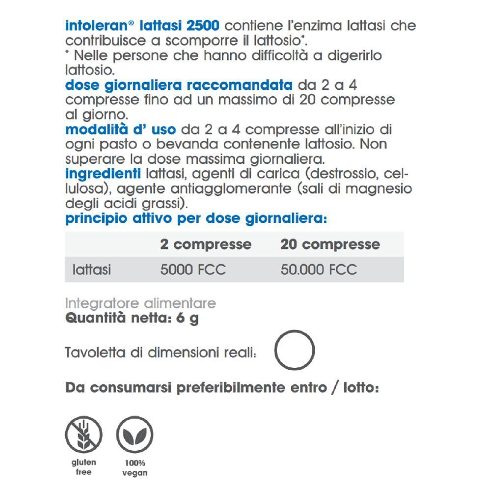 Retro di una confezione di Intoleran Lattasi 2500 con informazioni prodotto e sigle.
