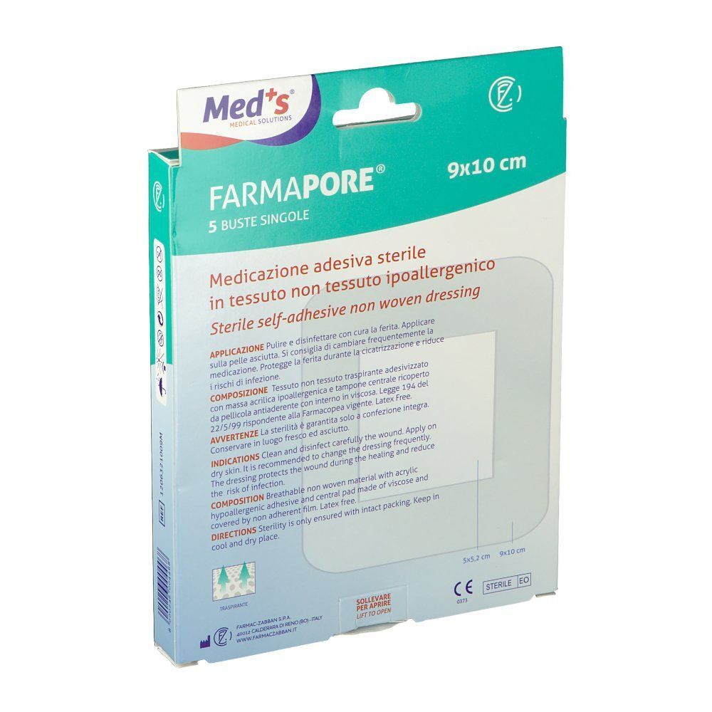 Confezione "Med's Farmapore", 5 medicazioni sterili non tessute ipoallergeniche, 9x10 cm.