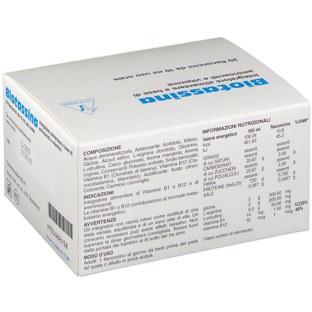 Scatola Biotassina con informazioni nutrizionali, composizione e indicazioni per aminoacidi e vitamine.