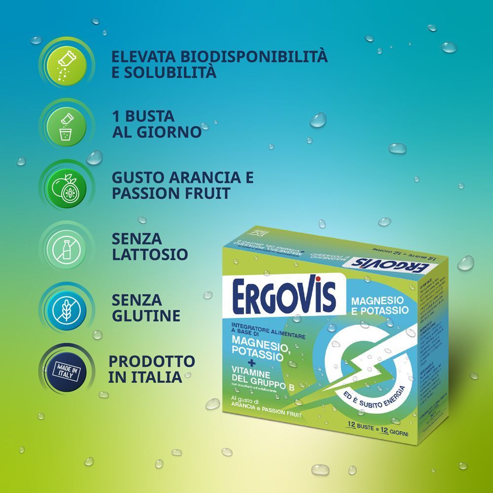 Ergovis: Alta biodisponibilità, 1 bustina al giorno, gusto arancia, senza lattosio, senza glutine, Made in Italy.