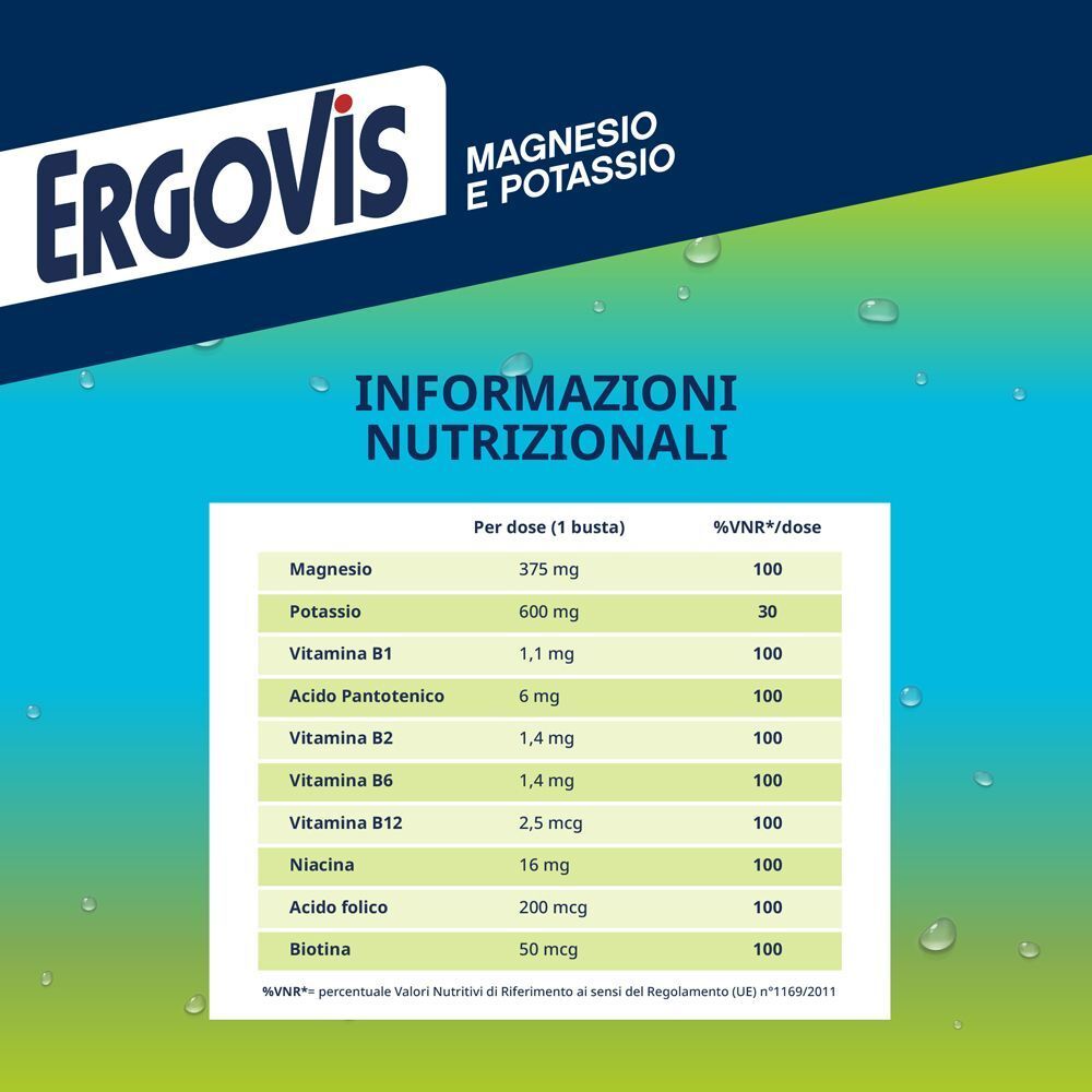 Ergovis: informazioni nutrizionali per bustina: Magnesio, Potassio, Vitamine B.