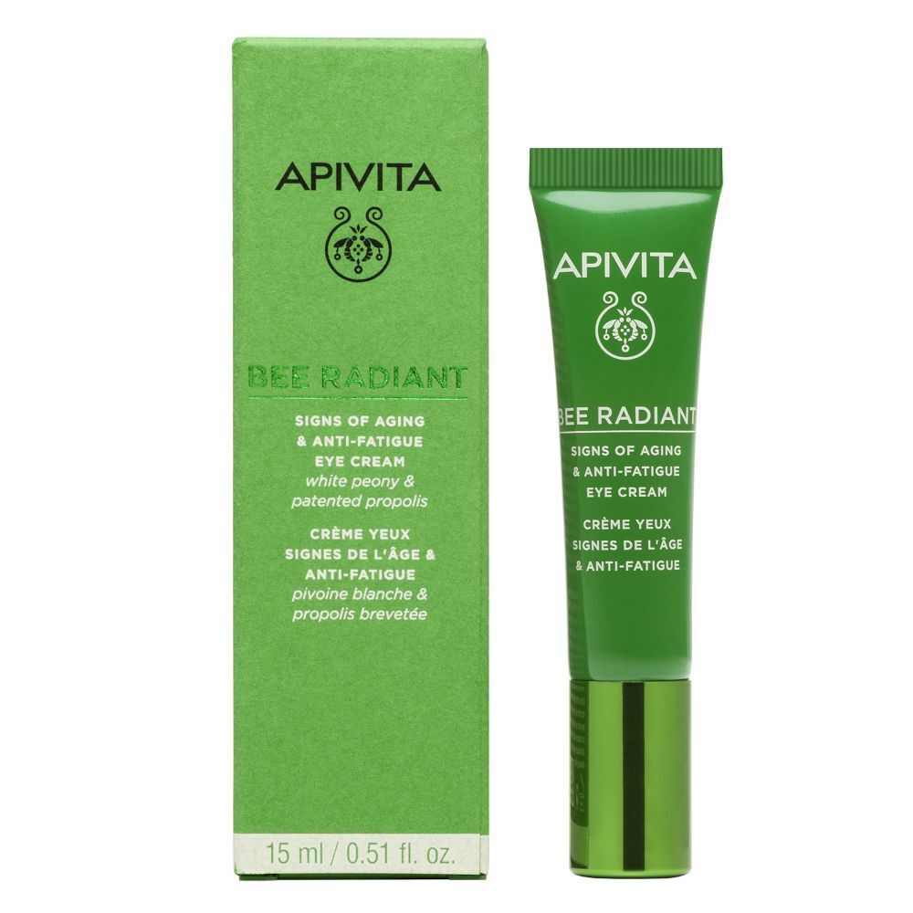 Tubetto di crema contorno occhi APIVITA Bee Radiant con tappo che mostra una striscia di crema bianca.