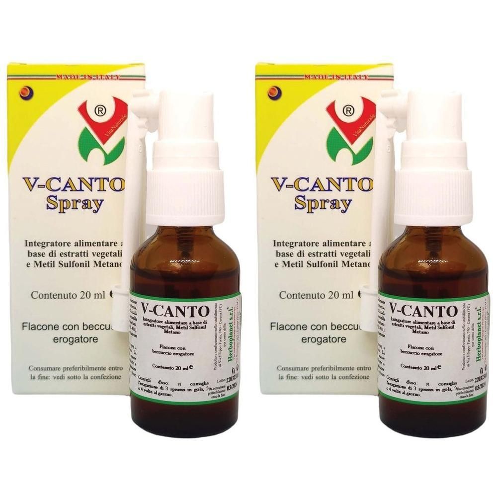 Due flaconi V-CANTO Spray con erogatore e confezione. Contenuto 20 ml ciascuno.