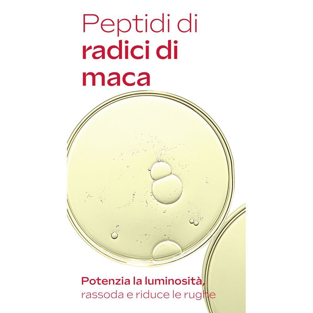 Primo piano di estratto di radice di maca nell'olio, "Peptidi di radice di maca" e "potenzia la luminosità".