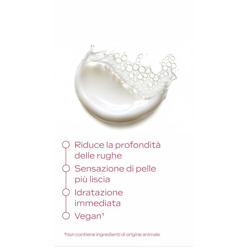 Texture cremosa con schizzi, "Riduce la profondità delle rughe", "pelle più liscia", "idratazione immediata", "Vegan".