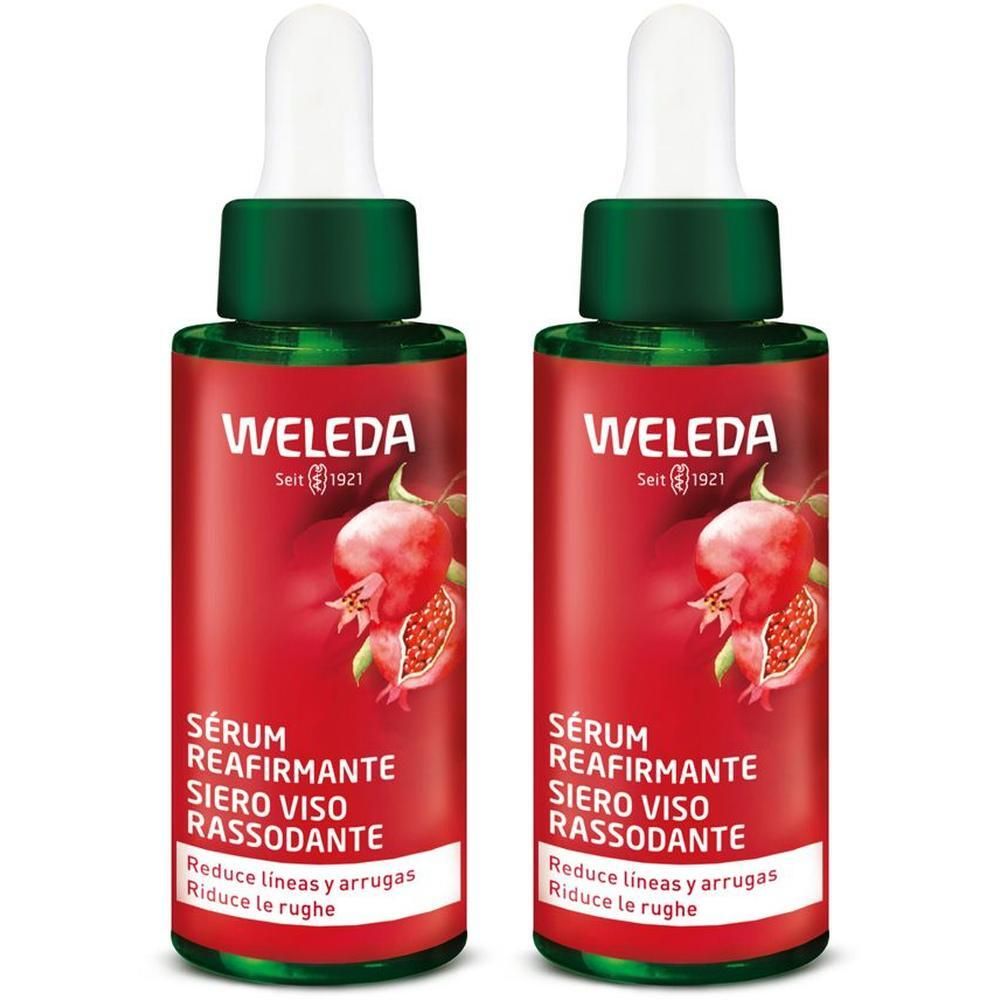 Due flaconi di WELEDA Siero Viso Rassodante con motivo melograno.