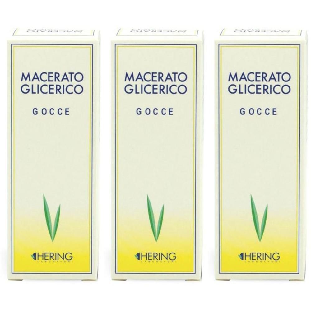 Tre confezioni di "Macerato Glicerico Gocce" Hering, con foglie verdi e sfondo giallo.