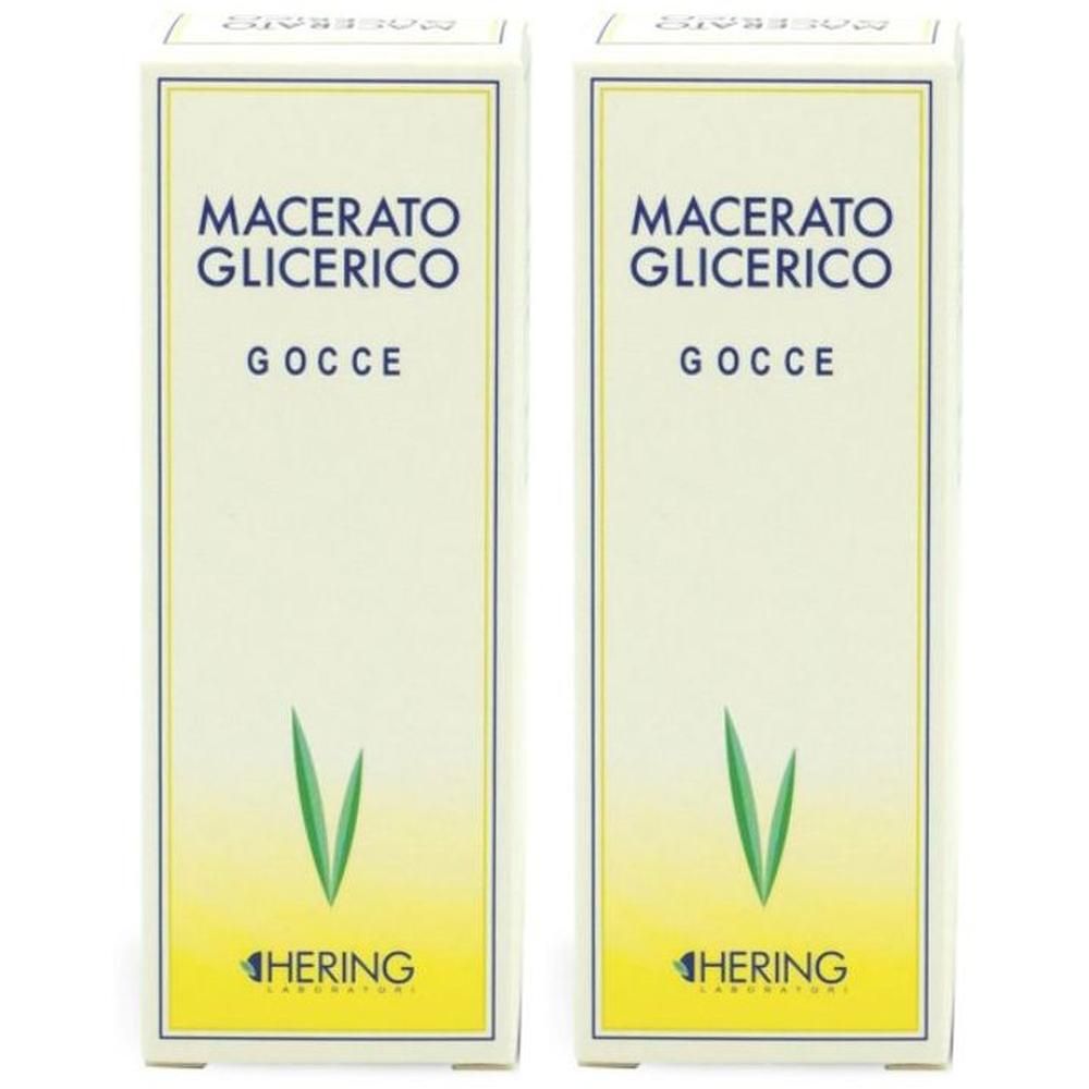 Due confezioni di Hering Macerato Glycerico Gocce con motivo vegetale e logo.