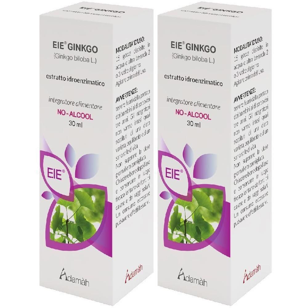 Due confezioni di gocce EIE Ginkgo, senza alcool, 30 ml. Con illustrazione di foglia di ginkgo e logo del marchio.
