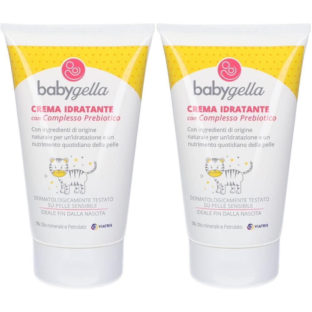 Due tubi di crema idratante Babygella con complesso prebiotico. Motivo giallo in alto, tigre stilizzata.