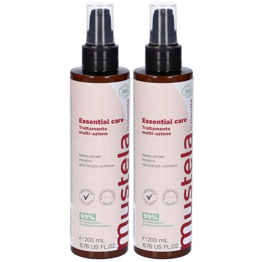 Due flaconi Mustela Essential Care Maternità, 200 ml ciascuno.