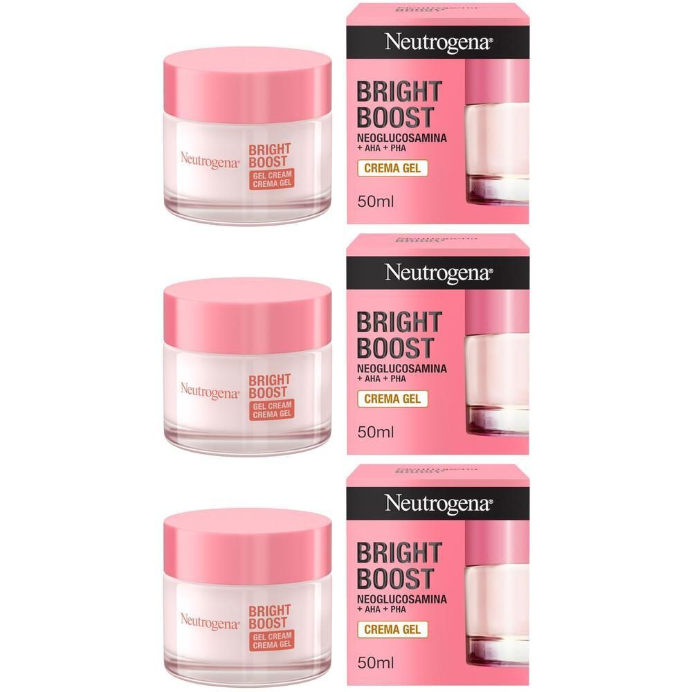 Tre vasetti e scatole di crema idratante Neutrogena Bright Boost, 50ml.