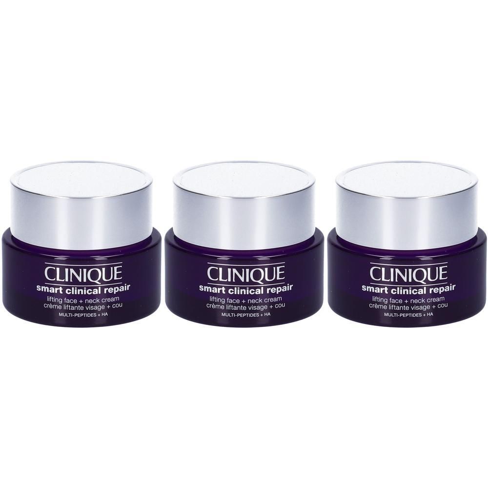 Tre vasetti di crema Clinique Smart Clinical Repair Lifting Viso + Collo con tappi argentati.