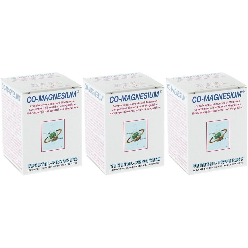 Tre scatole di Co-Magnesium, integratore alimentare di magnesio.