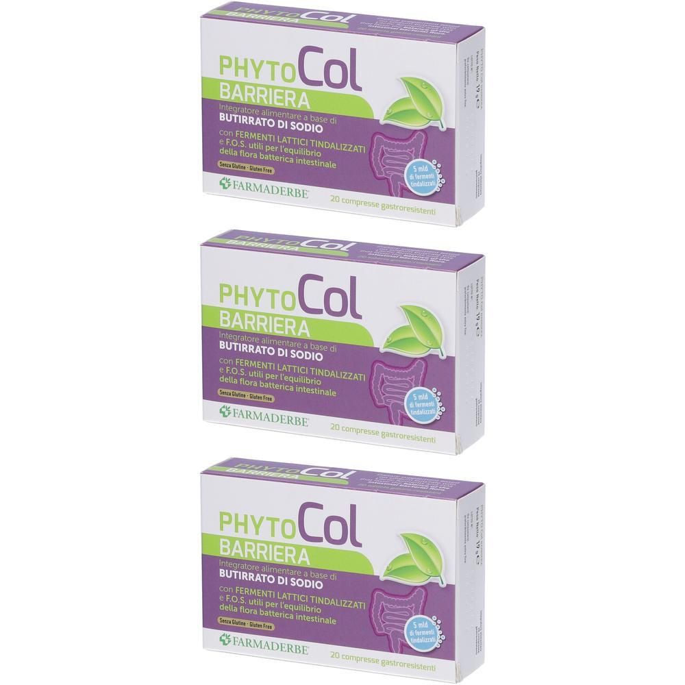 Tre confezioni PhytoCol Barriera da 20 compresse. Senza lattosio, per l'equilibrio della flora intestinale.