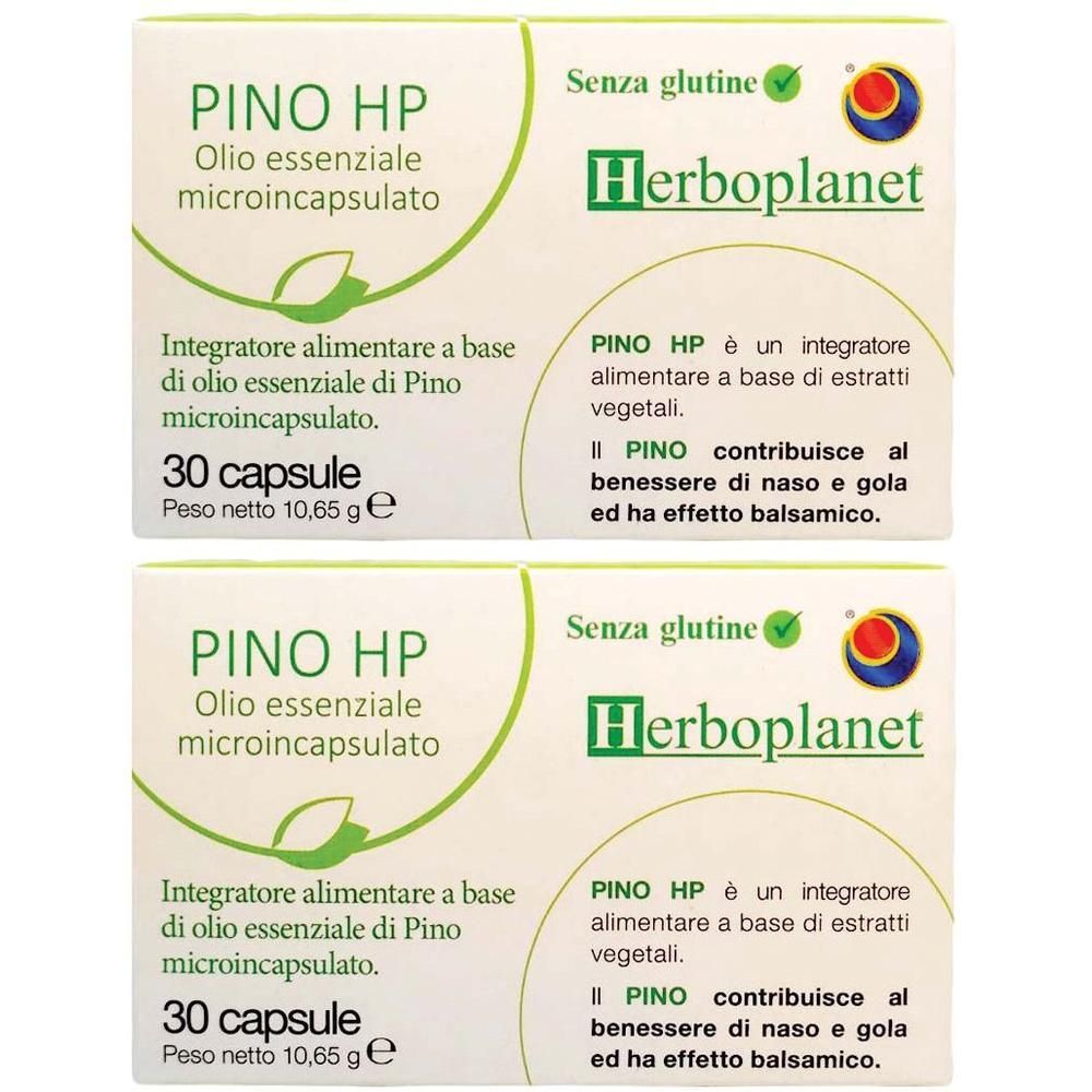 Due confezioni di Pino HP, 30 capsule per confezione, con logo Heroboplanet e dicitura "Senza glutine".