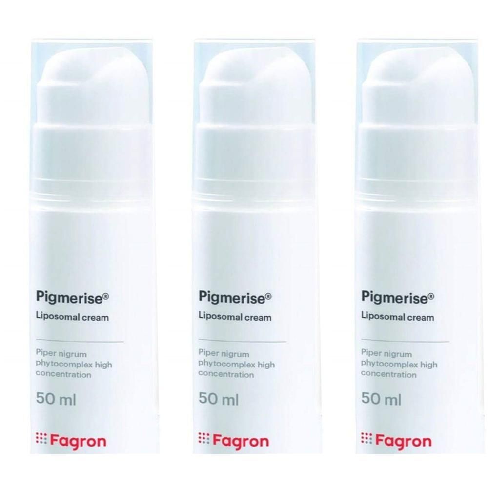 Tre flaconi pompa bianchi con Pigmerise Liposomal Cream, 50 ml.