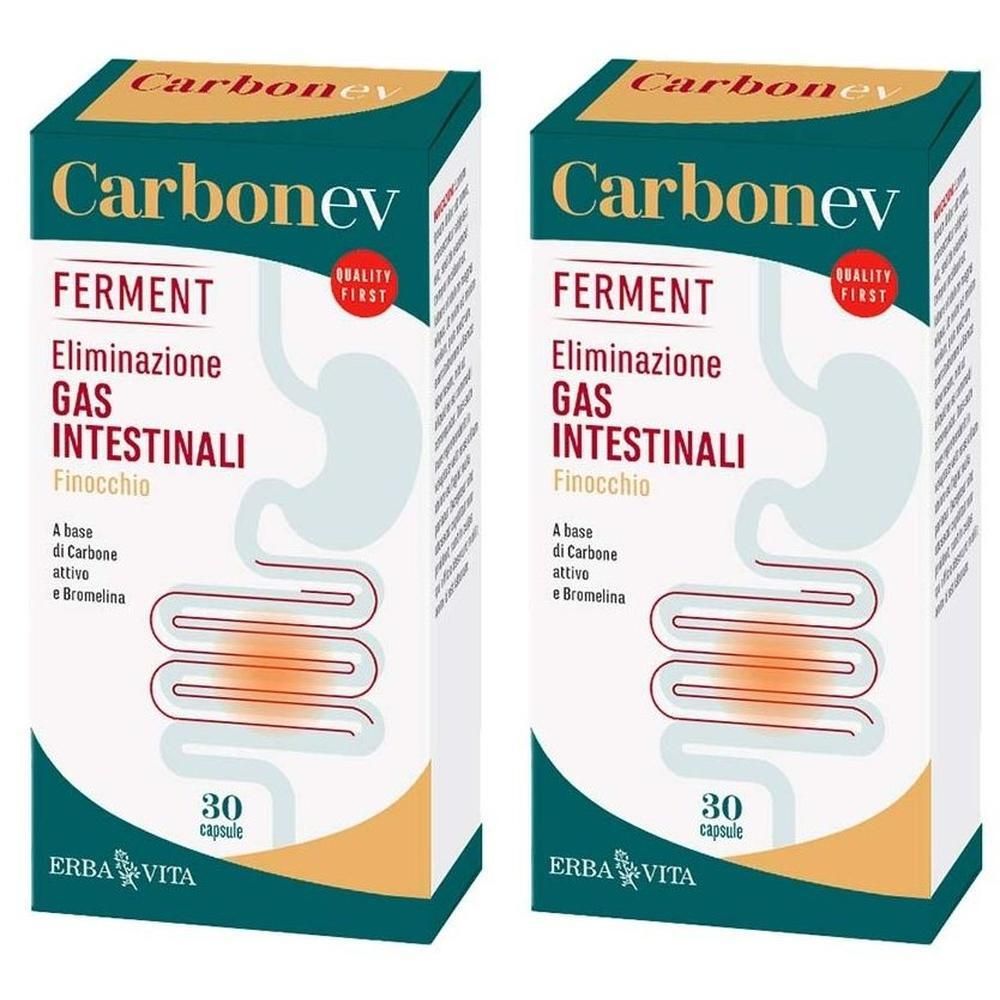 Due confezioni di Erba Vita Carbonev Ferment per l'eliminazione dei gas intestinali. Contiene 30 capsule.