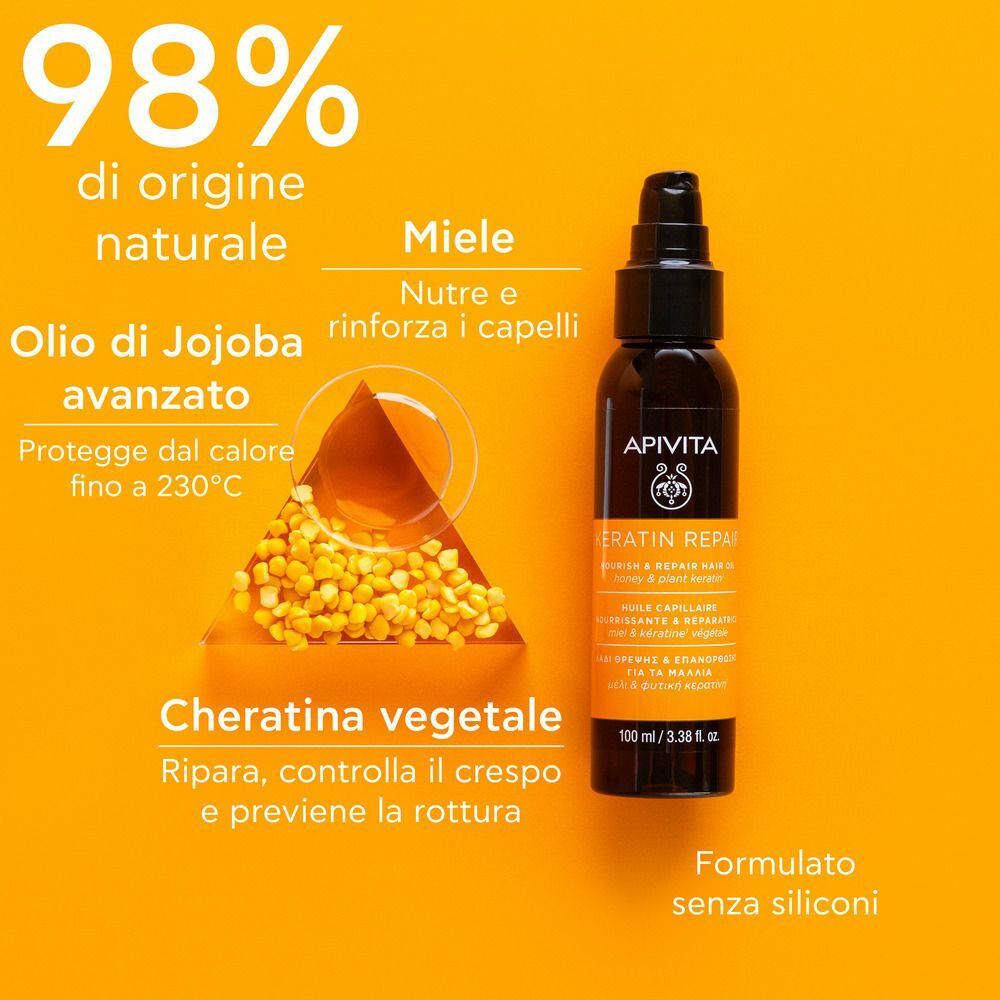 Apivita Keratin Repair Olio Termoprotettore e Riparatoratore, capelli danneggiati, anti-crespo