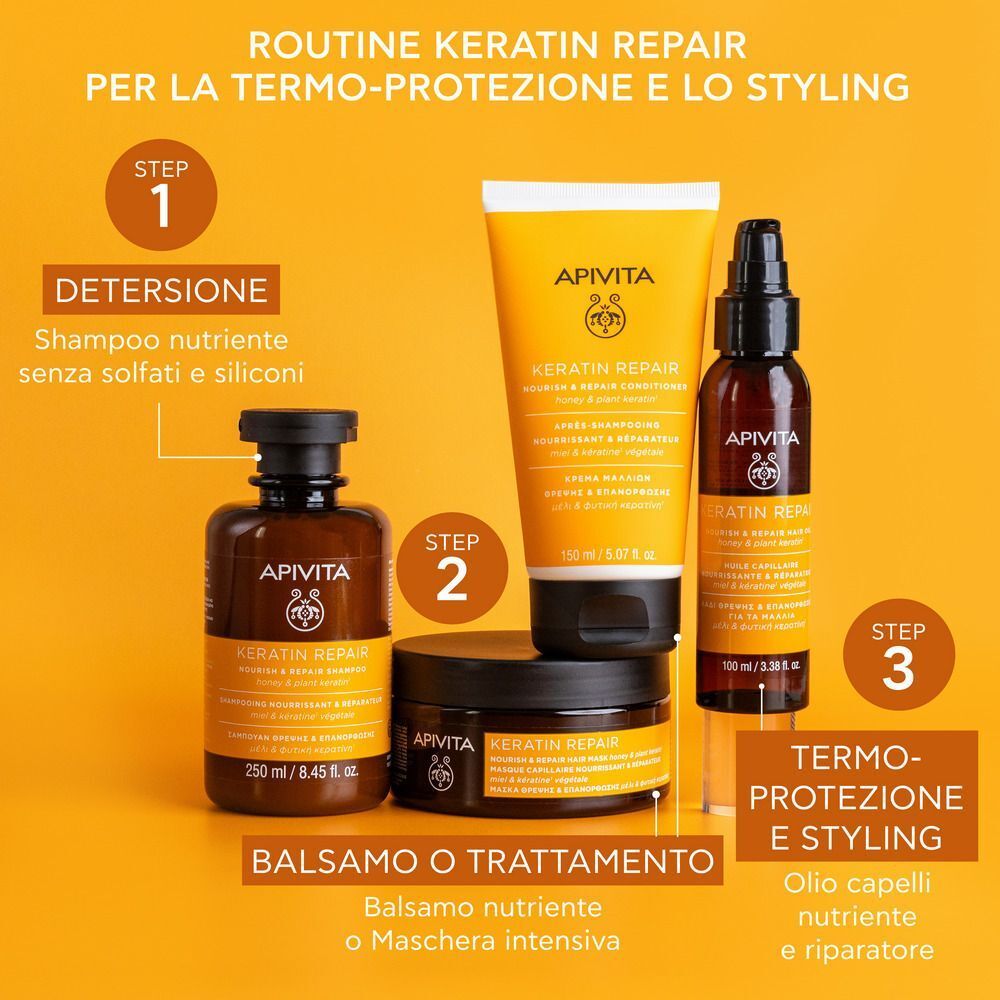Apivita Keratin Repair Olio Termoprotettore e Riparatoratore, capelli danneggiati, anti-crespo