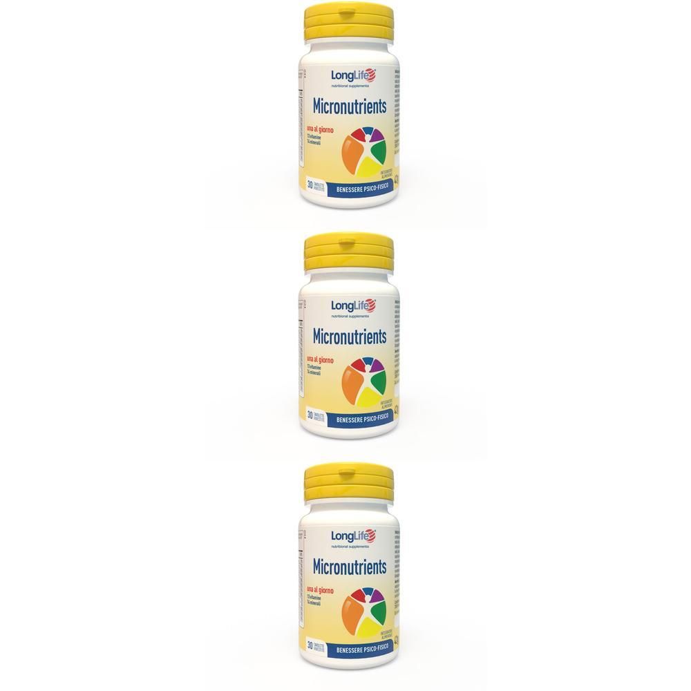 Tre flaconi di LongLife Micronutrients con tappi gialli e cerchi colorati sulle etichette.