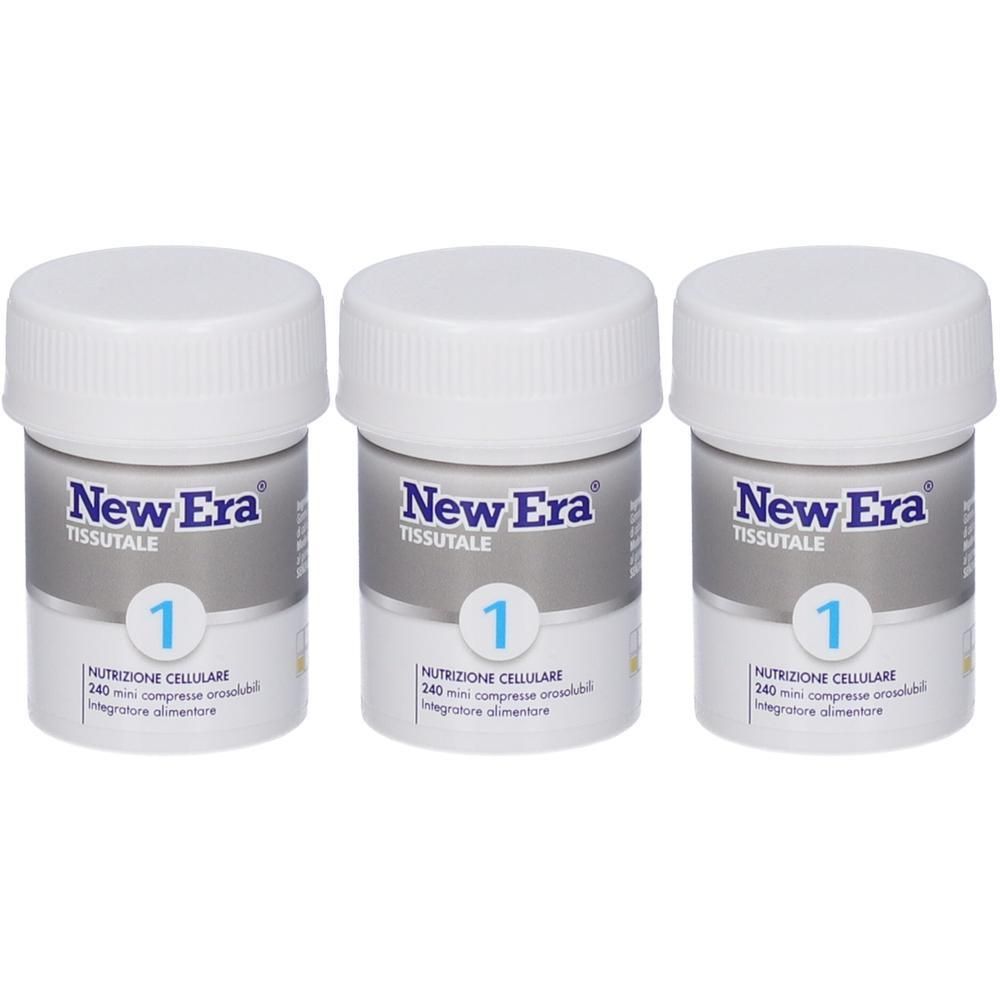 Tre flaconi New Era Tissutale 1 con tappi a vite bianchi. Etichetta: 'New Era Tissutale 1', 'Nutrizione Cellulare'.