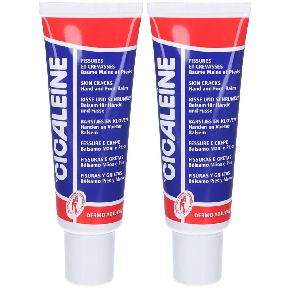 Due tubetti di balsamo mani e piedi Cicaleine. Etichettatura multilingue.