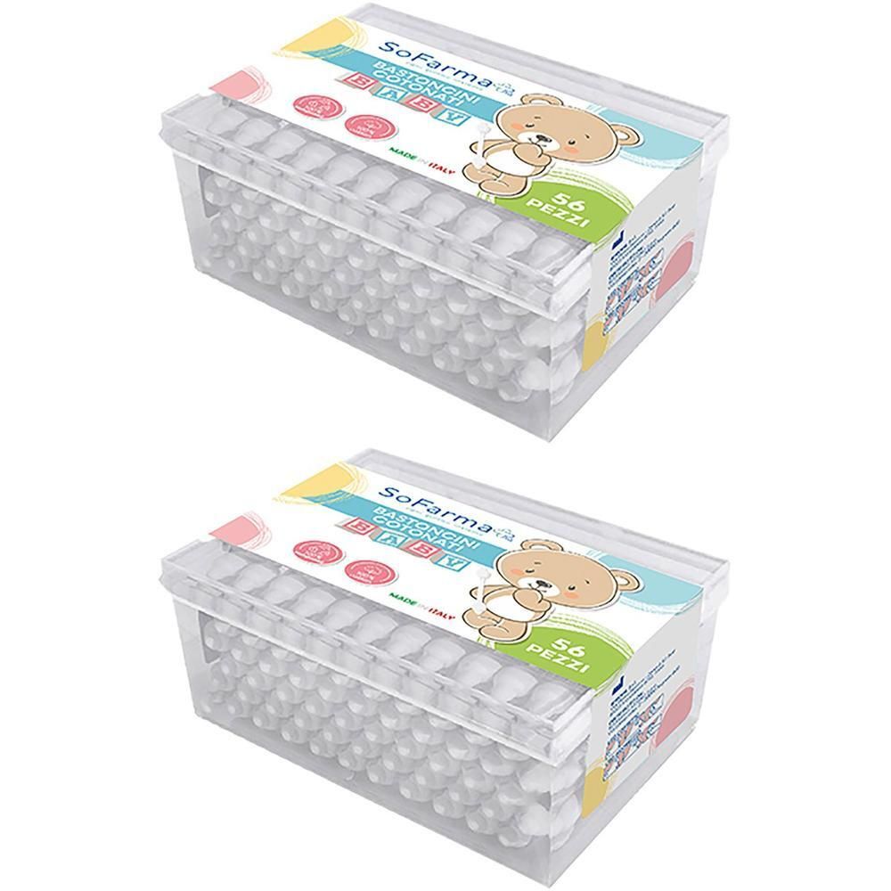 Due confezioni di bastoncini cotonati Sofarmapiu Baby, 56 pezzi ciascuna, in scatola di plastica trasparente con orsetto.