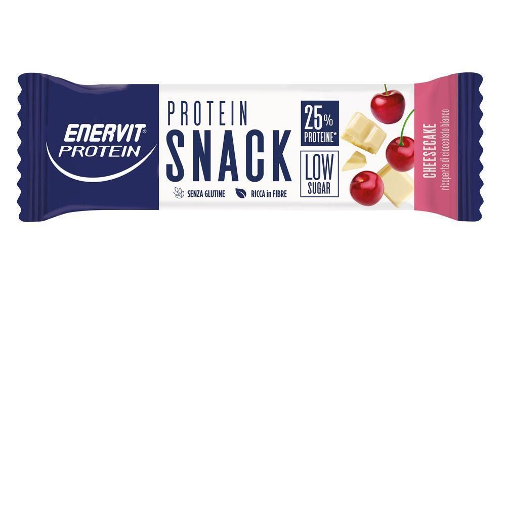 Barretta Enervit Protein Snack, low sugar, con ciliegie e cioccolato bianco.
