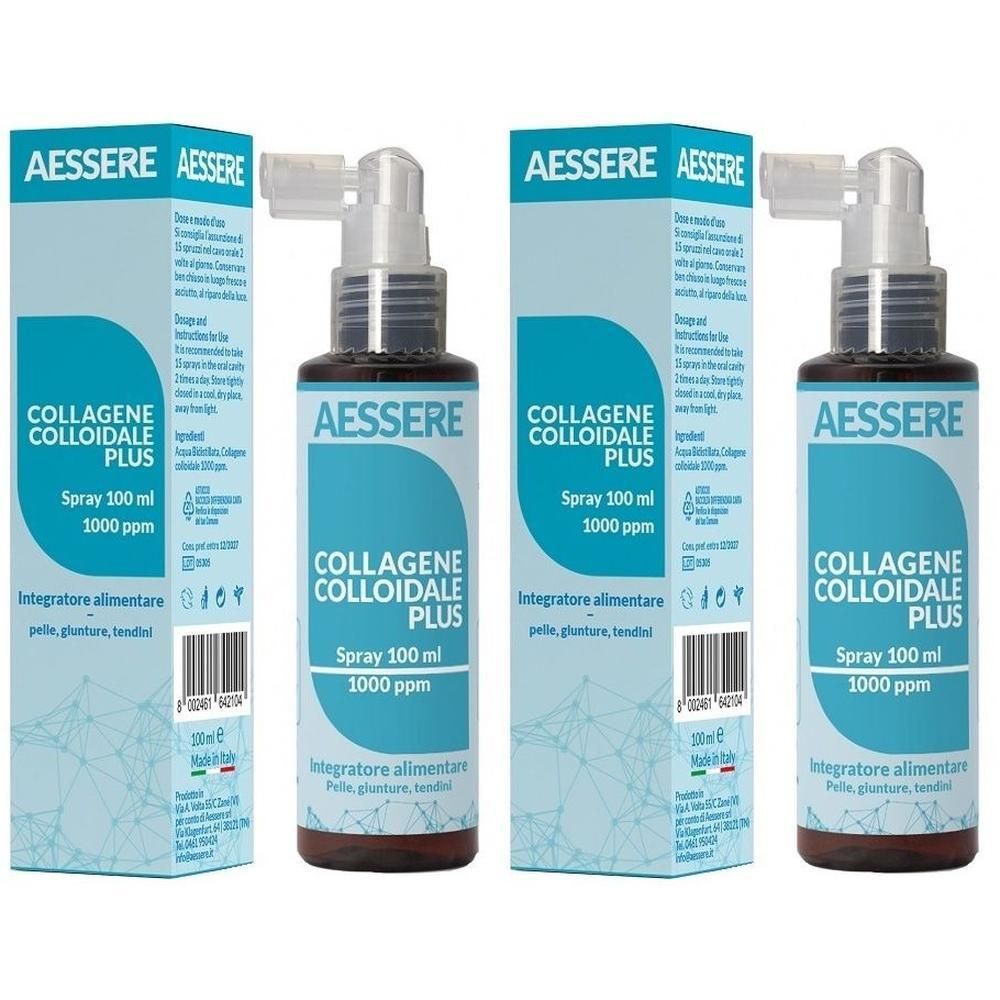 Due flaconi e scatole di spray al collagene colloidale. Confezione blu con scritte bianche.