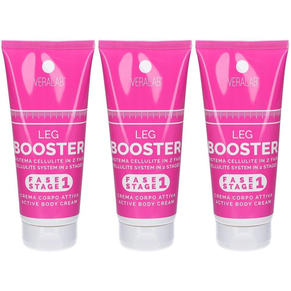 Tre tubi rosa di Veralab Leg Booster Cream con tappi bianchi. Testo sui tubi.
