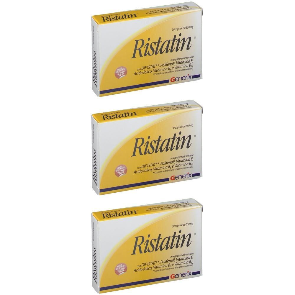 Tre confezioni di Ristatin, integratore alimentare con vitamine e polifenoli.