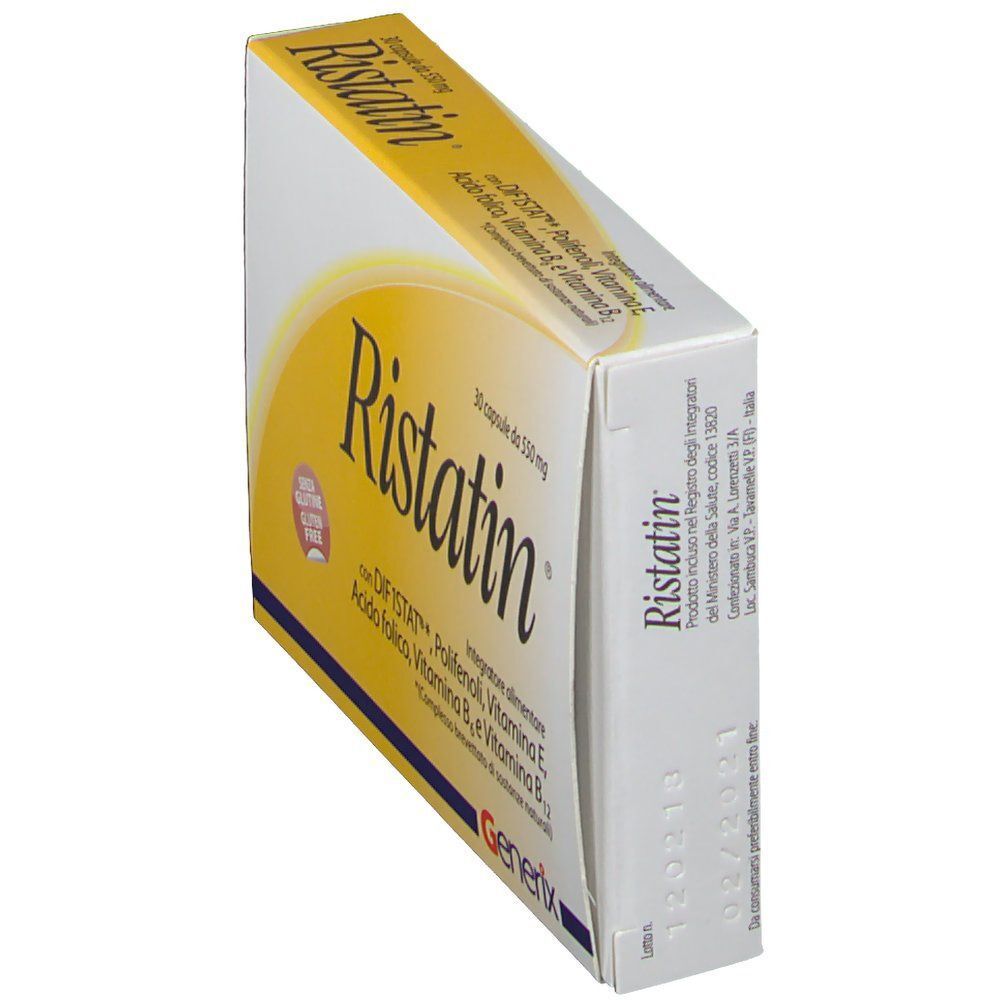 Confezione di Ristatin, integratore alimentare, vista laterale con numero di lotto e data di scadenza.