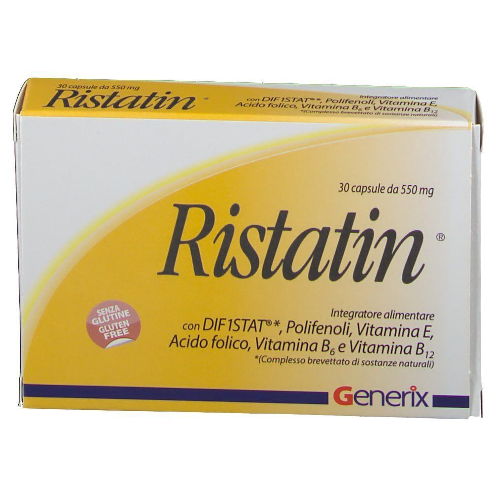 Confezione Ristatin, 30 capsule da 550 mg, senza glutine, con vitamine e polifenoli.